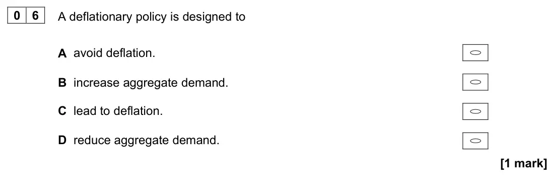 June 2022 AS Paper 2, question 06: A deflationary policy is designed to A avoid deflation. B increase aggregate demand. C lead to deflation. D reduce aggregate demand. [1 mark]