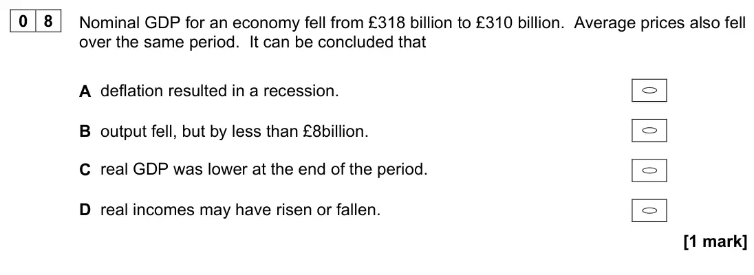 June 2022 AS Paper 2, question 08: Nominal GDP for an economy fell from £318 billion to £310 billion. Average prices also fell over the same period. It can be concluded that A deflation resulted