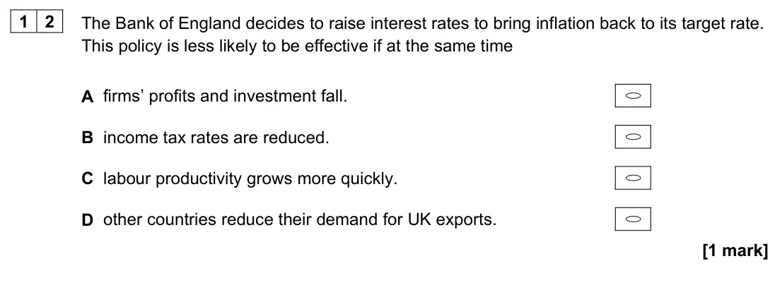 June 2022 AS Paper 2, question 12: The Bank of England decides to raise interest rates to bring inflation back to its target rate. This policy is less likely to be effective if at the same time A