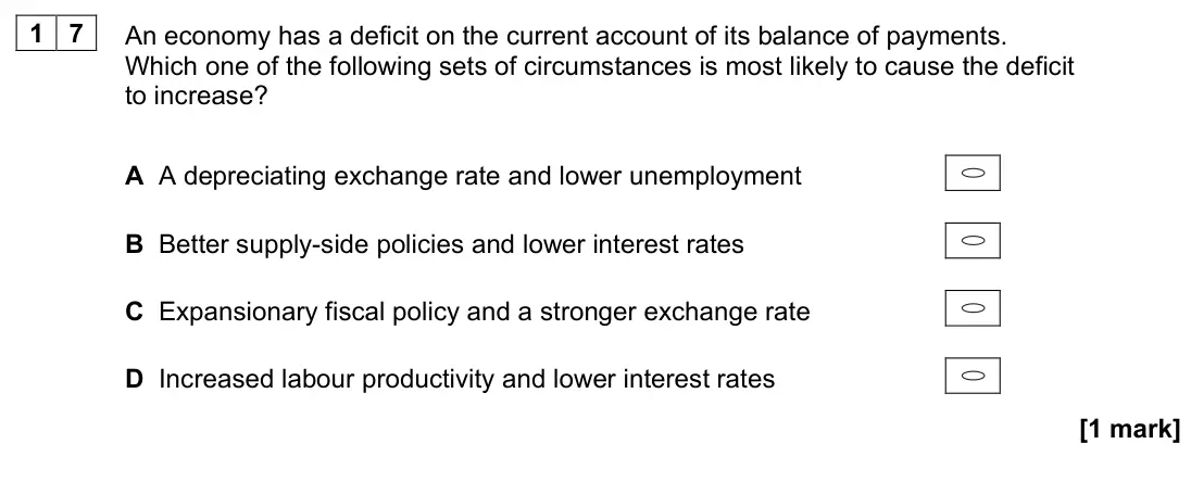 June 2022 AS Paper 2, question 17: An economy has a deficit on the current account of its balance of payments. Which one of the following sets of circumstances is most likely to cause the deficit
