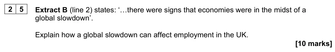 June 2022 AS Paper 2, question 25: Extract B (line 2) states: ‘…there were signs that economies were in the midst of a global slowdown’. Explain how a global slowdown can affect employment in the