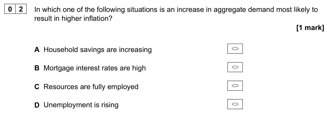 June 2023 AS Paper 2, question 02: In which one of the following situations is an increase in aggregate demand most likely to result in higher inflation? [1 mark] A Household savings are increasi
