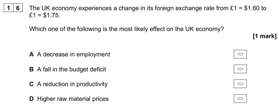 June 2023 AS Paper 2, question 16: The UK economy experiences a change in its foreign exchange rate from £1 = $1.60 to £1 = $1.75. Which one of the following is the most likely effect on the UK e