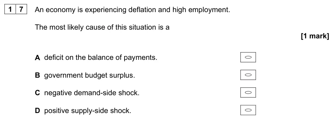 June 2023 AS Paper 2, question 17: An economy is experiencing deflation and high employment. The most likely cause of this situation is a [1 mark] A deficit on the balance of payments. B governme
