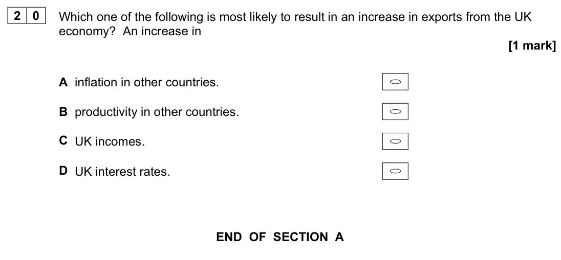 June 2023 AS Paper 2, question 20: Which one of the following is most likely to result in an increase in exports from the UK economy? An increase in [1 mark] A inflation in other countries. B pro