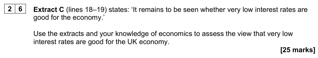 June 2023 AS Paper 2, question 26: Extract C (lines 18–19) states: ‘It remains to be seen whether very low interest rates are good for the economy.’ Use the extracts and your knowledge of economi