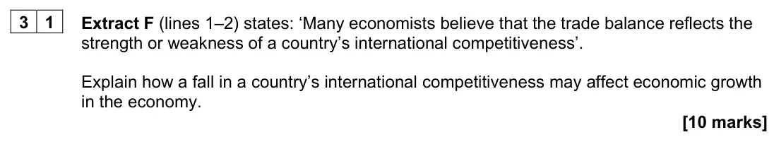 June 2023 AS Paper 2, question 31: Extract F (lines 1–2) states: ‘Many economists believe that the trade balance reflects the strength or weakness of a country’s international competitiveness’. E