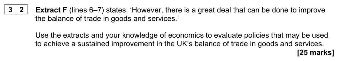 June 2023 AS Paper 2, question 32: Extract F (lines 6–7) states: ‘However, there is a great deal that can be done to improve the balance of trade in goods and services.’ Use the extracts and your