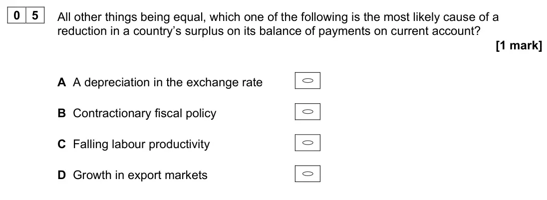 June 2024 AS Paper 2, question 05: All other things being equal, which one of the following is the most likely cause of a reduction in a country’s surplus on its balance of payments on current ac