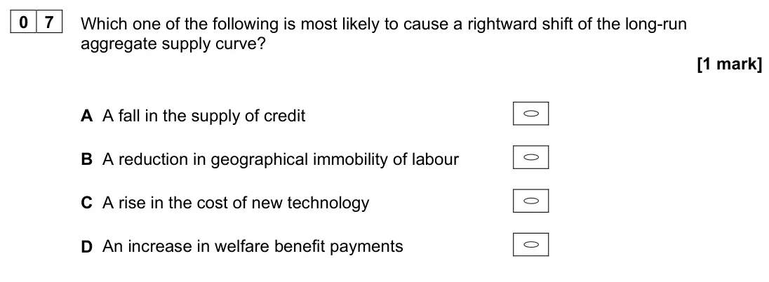 June 2024 AS Paper 2, question 07: Which one of the following is most likely to cause a rightward shift of the long-run aggregate supply curve? [1 mark] A A fall in the supply of credit B A reduc