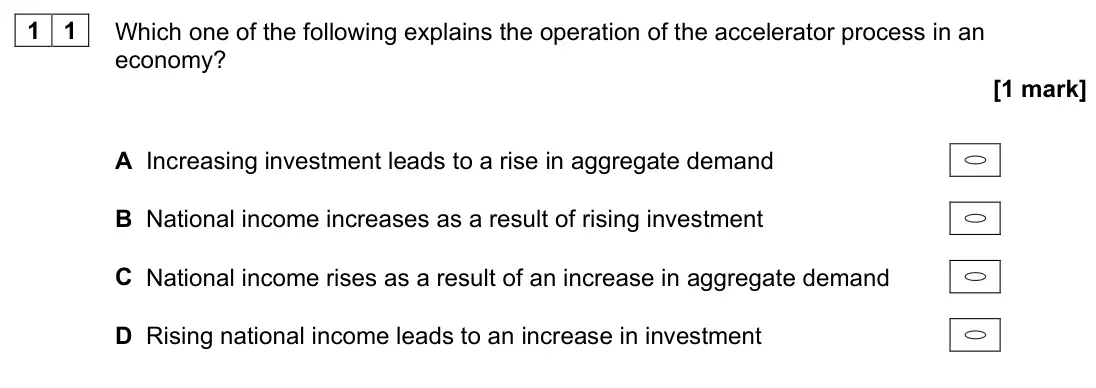 June 2024 AS Paper 2, question 11: Which one of the following explains the operation of the accelerator process in an economy? [1 mark] A Increasing investment leads to a rise in aggregate demand