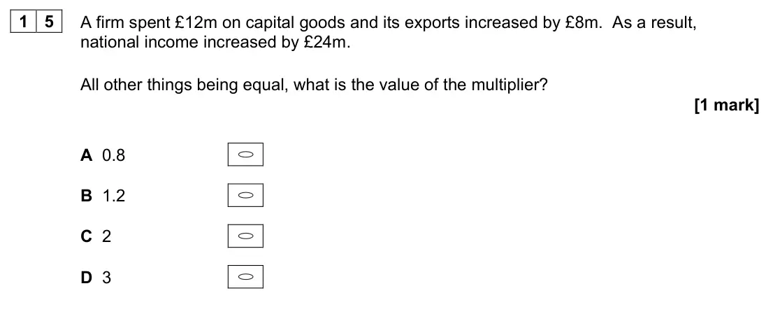 June 2024 AS Paper 2, question 15: A firm spent £12m on capital goods and its exports increased by £8m. As a result, national income increased by £24m. All other things being equal, what is the v