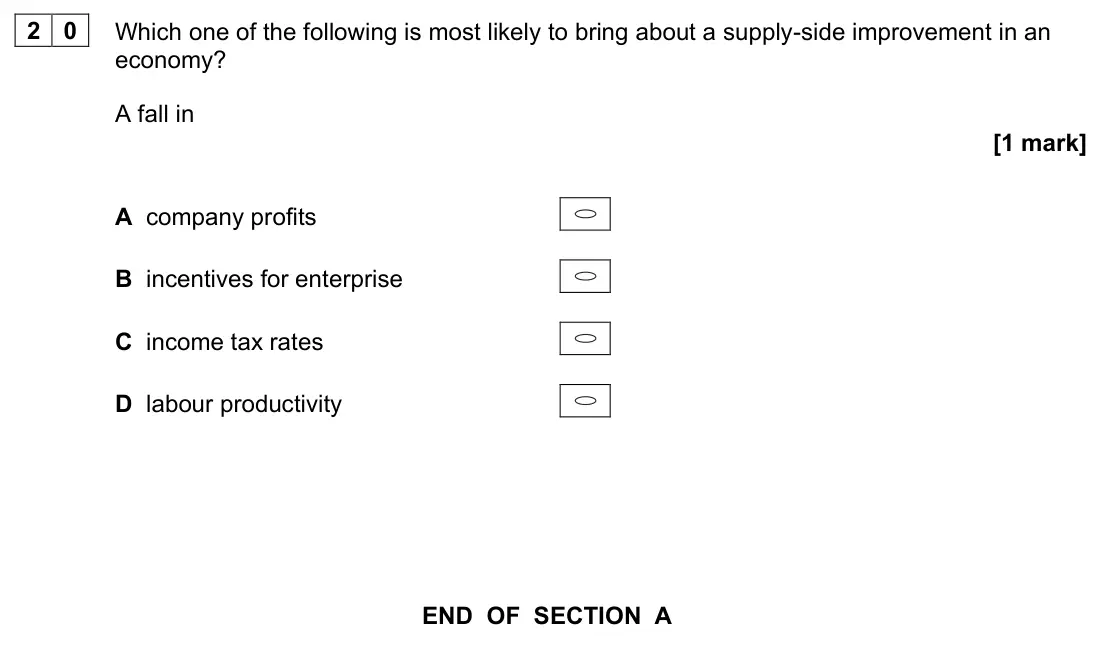 June 2024 AS Paper 2, question 20: Which one of the following is most likely to bring about a supply-side improvement in an economy? A fall in [1 mark] A company profits B incentives for enterpri