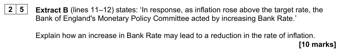 June 2024 AS Paper 2, question 25: Extract B (lines 11–12) states: ‘In response, as inflation rose above the target rate, the Bank of England's Monetary Policy Committee acted by increasing Bank