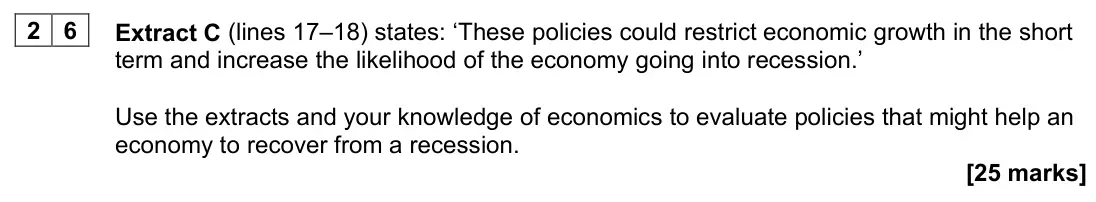 June 2024 AS Paper 2, question 26: Extract C (lines 17–18) states: ‘These policies could restrict economic growth in the short term and increase the likelihood of the economy going into recession