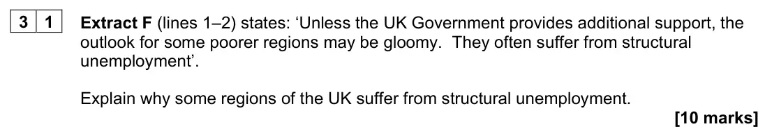 June 2024 AS Paper 2, question 31: Extract F (lines 1–2) states: ‘Unless the UK Government provides additional support, the outlook for some poorer regions may be gloomy. They often suffer from s
