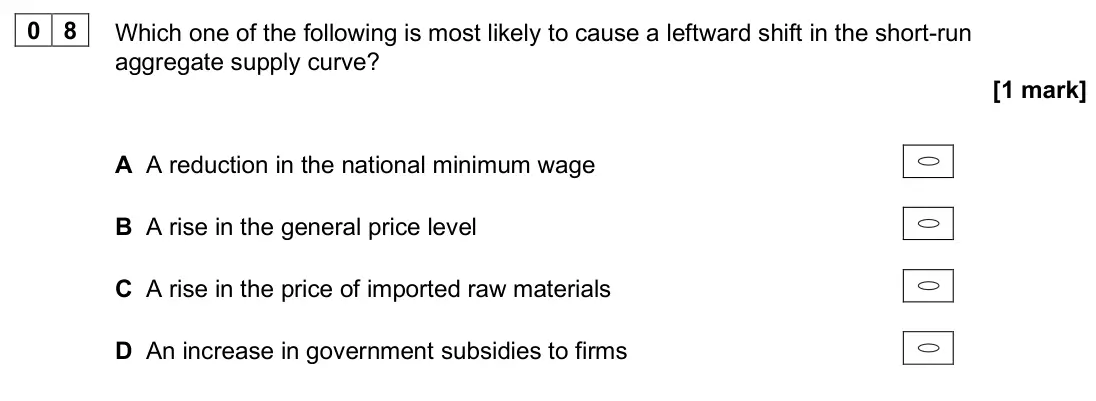 June 2025 AS Paper 2, question 08: Which one of the following is most likely to cause a leftward shift in the short-run aggregate supply curve? [1 mark] A A reduction in the national minimum wage
