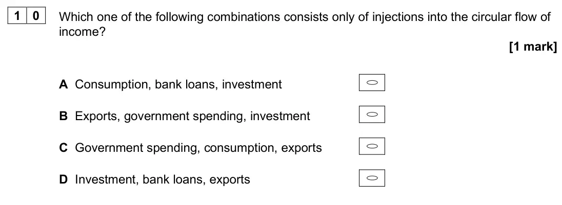 June 2025 AS Paper 2, question 10: Which one of the following combinations consists only of injections into the circular flow of income? [1 mark] A Consumption, bank loans, investment B Exports, 