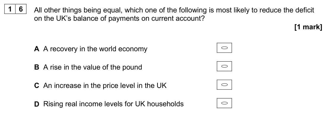 June 2025 AS Paper 2, question 16: All other things being equal, which one of the following is most likely to reduce the deficit on the UK’s balance of payments on current account? [1 mark] A A r
