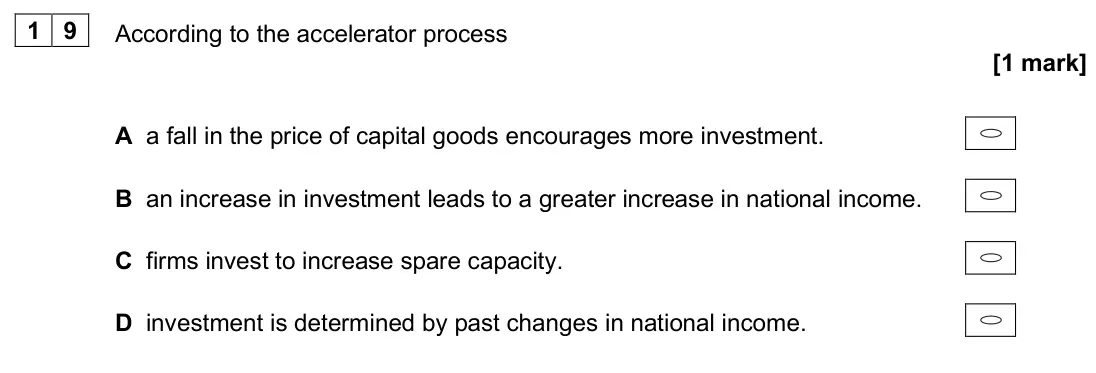 June 2025 AS Paper 2, question 19: According to the accelerator process [1 mark] A a fall in the price of capital goods encourages more investment. B an increase in investment leads to a greater 