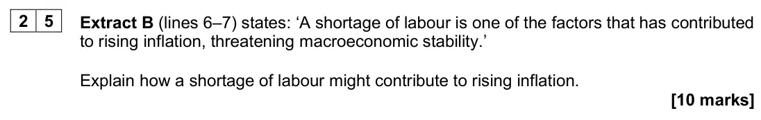 June 2025 AS Paper 2, question 25: Extract B (lines 6–7) states: ‘A shortage of labour is one of the factors that has contributed to rising inflation, threatening macroeconomic stability.’ Explai