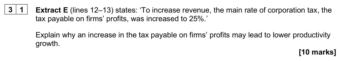 June 2025 AS Paper 2, question 31: Extract E (lines 12–13) states: ‘To increase revenue, the main rate of corporation tax, the tax payable on firms’ profits, was increased to 25%.’ Explain why an
