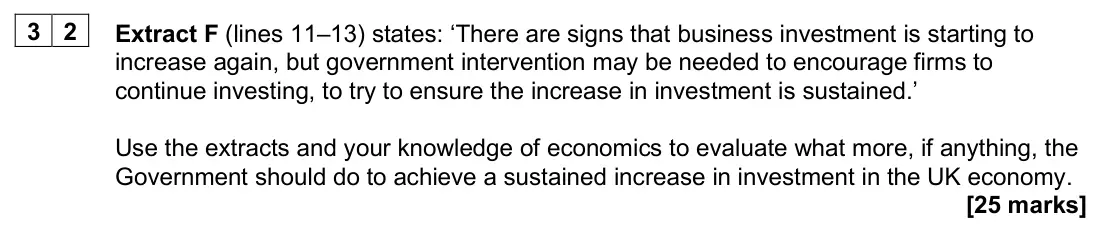 June 2025 AS Paper 2, question 32: Extract F (lines 11–13) states: ‘There are signs that business investment is starting to increase again, but government intervention may be needed to encourage