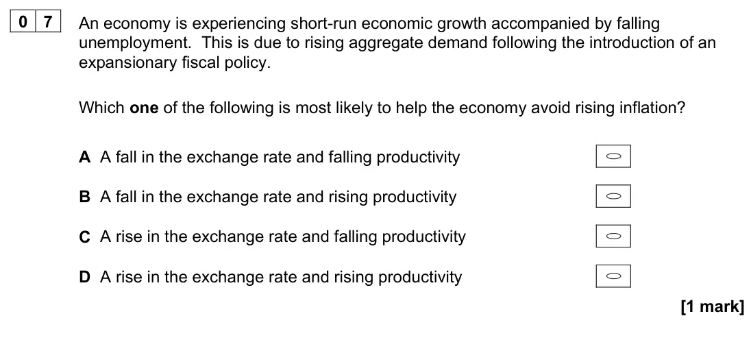 November 2020 AS Paper 2, question 07: An economy is experiencing short-run economic growth accompanied by falling unemployment. This is due to rising aggregate demand following the introduction of a