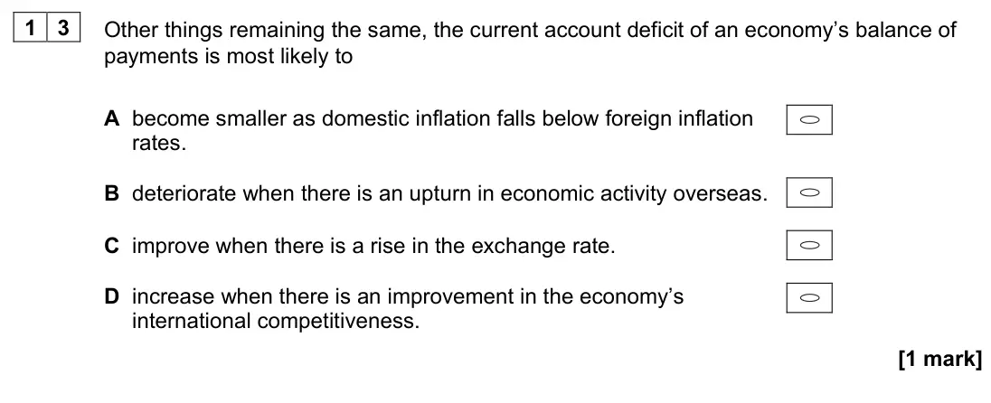 November 2020 AS Paper 2, question 13: Other things remaining the same, the current account deficit of an economy’s balance of payments is most likely to A become smaller as domestic inflation falls