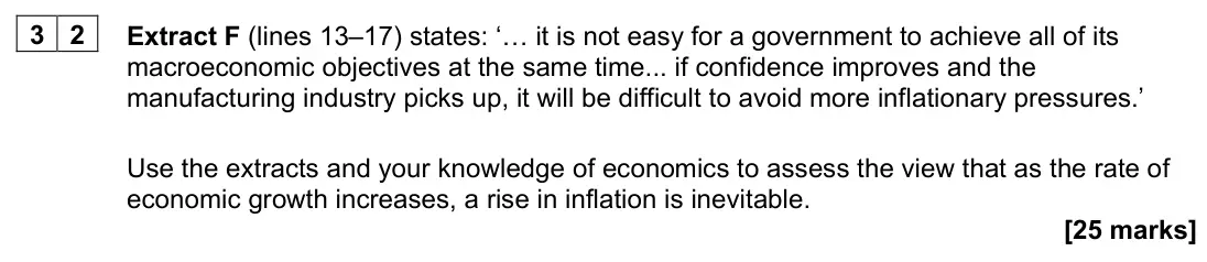 November 2020 AS Paper 2, question 32: Extract F (lines 13–17) states: ‘… it is not easy for a government to achieve all of its macroeconomic objectives at the same time... if confidence improves and