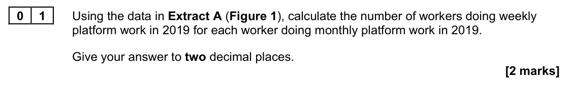 June 2022 Paper 1, question 01: Using the data in Extract A (Figure 1), calculate the number of workers doing weekly platform work in 2019 for each worker doing monthly platform work in 2019.