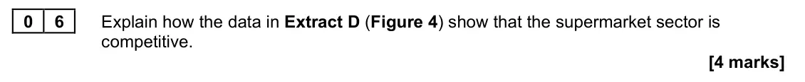 June 2022 Paper 1, question 06: Explain how the data in Extract D (Figure 4) show that the supermarket sector is competitive. [4 marks] Context 2 Total for this context: 40 marks The UK superm