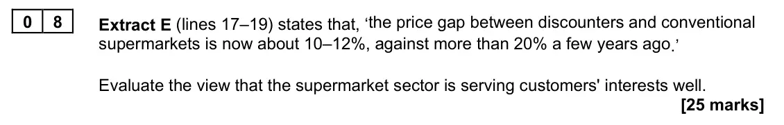 June 2022 Paper 1, question 08: Extract E (lines 17–19) states that, ‘the price gap between discounters and conventional supermarkets is now about 10–12%, against more than 20% a few years ago