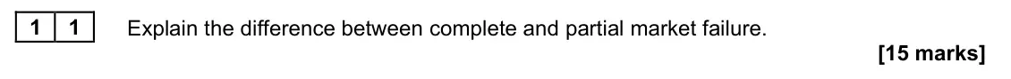 June 2022 Paper 1, question 11: Explain the difference between complete and partial market failure. [15 marks] Essay 2 Markets fail for a variety of reasons and governments can play an importa