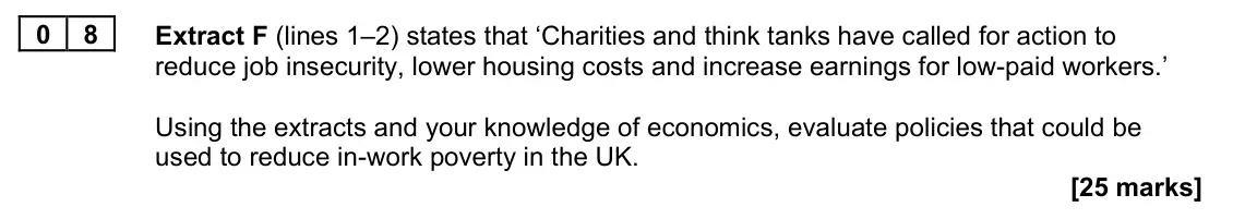 June 2023 Paper 1, question 08: Extract F (lines 1–2) states that ‘Charities and think tanks have called for action to reduce job insecurity, lower housing costs and increase earnings for low-