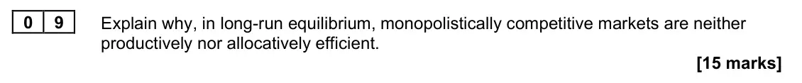 June 2023 Paper 1, question 09: Explain why, in long-run equilibrium, monopolistically competitive markets are neither productively nor allocatively efficient. [15 marks] Essay 1 Some believe 