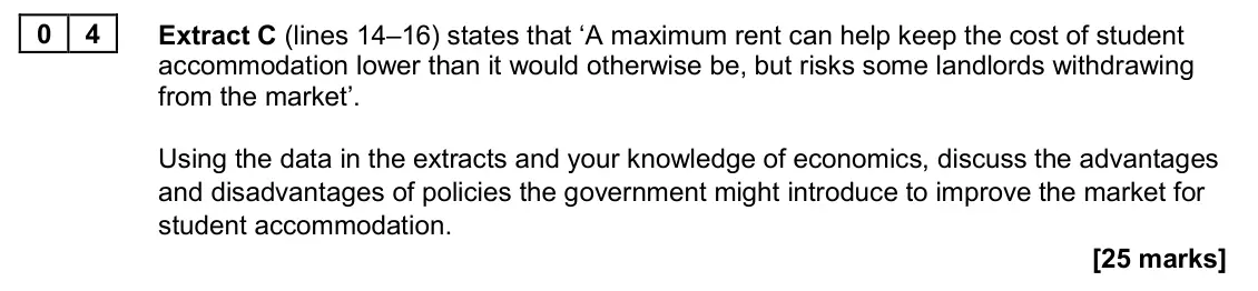 June 2024 Paper 1, question 04: Extract C (lines 14–16) states that ‘A maximum rent can help keep the cost of student accommodation lower than it would otherwise be, but risks some landlords w