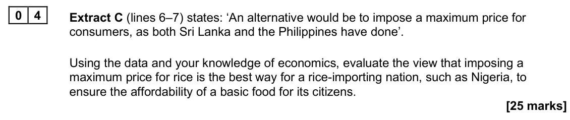 June 2025 Paper 1, question 04: Extract C (lines 6–7) states: ‘An alternative would be to impose a maximum price for consumers, as both Sri Lanka and the Philippines have done’. Using the data