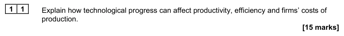 June 2025 Paper 1, question 11: Explain how technological progress can affect productivity, efficiency and firms’ costs of production. [15 marks] Essay 2 In 2023, the UK government pledged to 