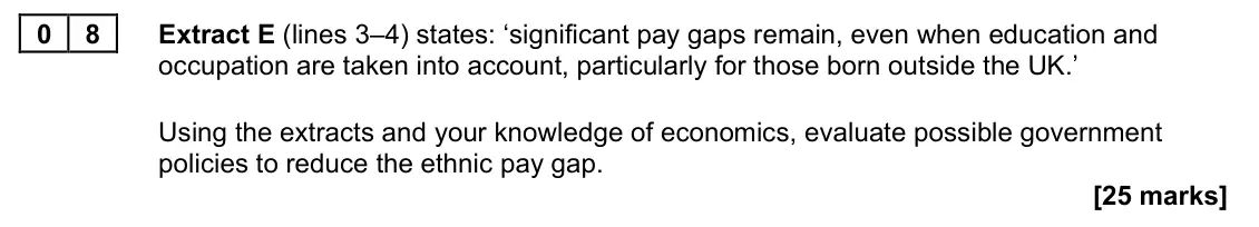 November 2021 Paper 1, question 08: Extract E (lines 3–4) states: ‘significant pay gaps remain, even when education and occupation are taken into account, particularly for those born outside the U