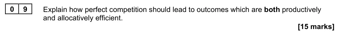 November 2021 Paper 1, question 09: Explain how perfect competition should lead to outcomes which are both productively and allocatively efficient. [15 marks] Essay 1 Price comparison websites wer