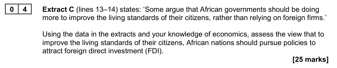 June 2022 Paper 2, question 04: Extract C (lines 13–14) states: ‘Some argue that African governments should be doing more to improve the living standards of their citizens, rather than relying