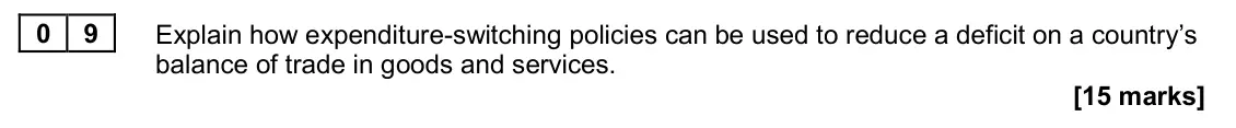 June 2022 Paper 2, question 09: Explain how expenditure-switching policies can be used to reduce a deficit on a country’s balance of trade in goods and services. [15 marks] Essay 1 The UK has 
