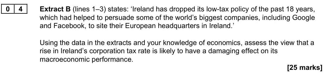 June 2023 Paper 2, question 04: Extract B (lines 1–3) states: ‘Ireland has dropped its low-tax policy of the past 18 years, which had helped to persuade some of the world’s biggest companies,