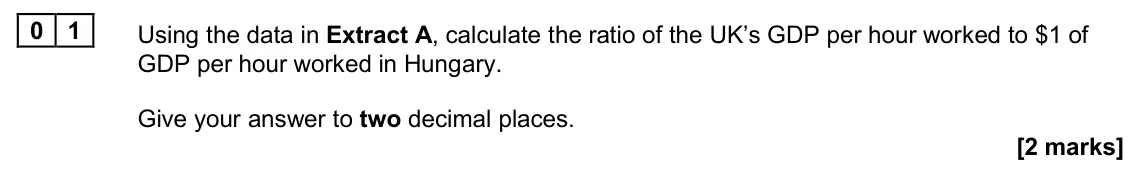 June 2024 Paper 2, question 01: Using the data in Extract A, calculate the ratio of the UK’s GDP per hour worked to $1 of GDP per hour worked in Hungary. Give your answer to two decimal places