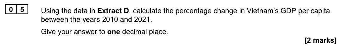 June 2024 Paper 2, question 05: Using the data in Extract D, calculate the percentage change in Vietnam’s GDP per capita between the years 2010 and 2021. Give your answer to one decimal place.