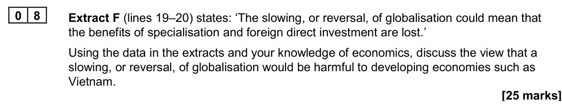 June 2024 Paper 2, question 08: Extract F (lines 19–20) states: ‘The slowing, or reversal, of globalisation could mean that the benefits of specialisation and foreign direct investment are los
