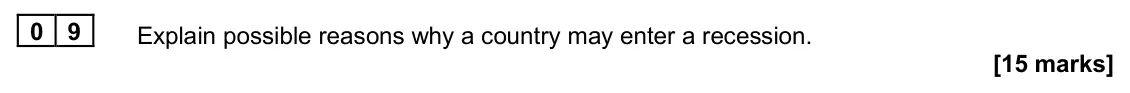 June 2024 Paper 2, question 09: Explain possible reasons why a country may enter a recession. [15 marks] Essay 1 In November 2022, the Bank of England warned there was a risk that the UK was h