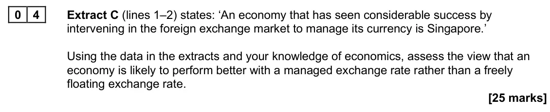 June 2025 Paper 2, question 04: Extract C (lines 1–2) states: ‘An economy that has seen considerable success by intervening in the foreign exchange market to manage its currency is Singapore.’