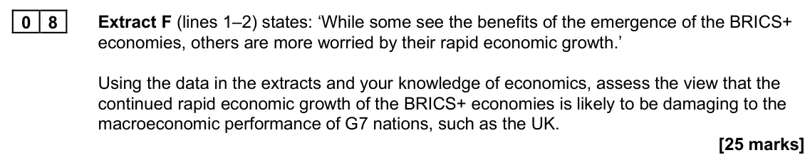 June 2025 Paper 2, question 08: Extract F (lines 1–2) states: ‘While some see the benefits of the emergence of the BRICS+ economies, others are more worried by their rapid economic growth.’ Us